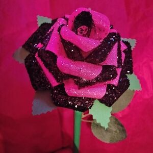 Hand Made Glittery Pink and Black Rose Decoration.